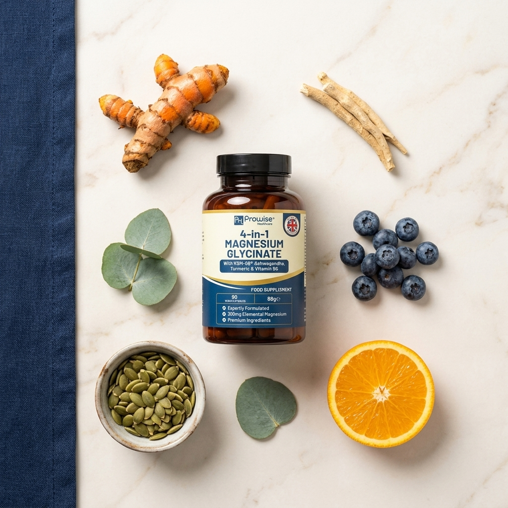 Nuvra 4-in-1 Magnesium 3-bottle bundle flatlay with ingredients