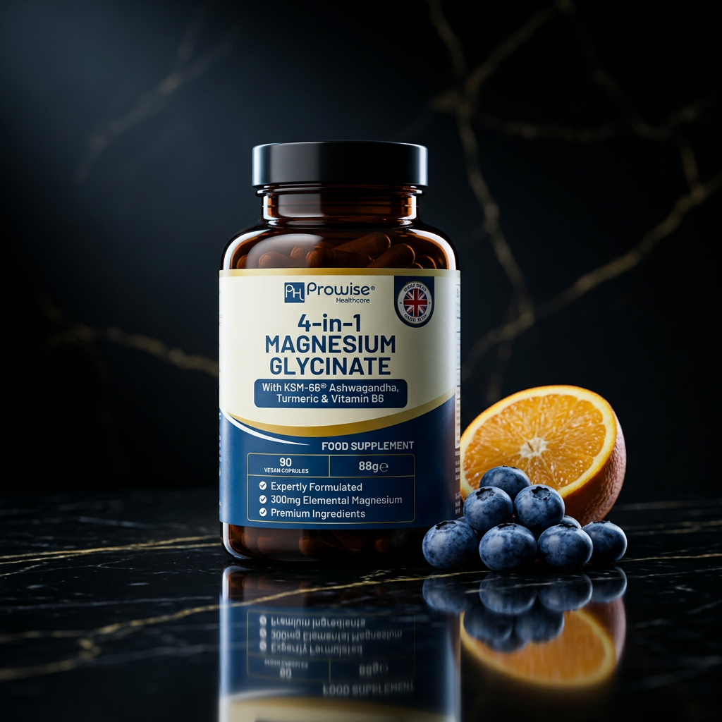 Nuvra magnesium supplement on polished black marble with gold veining, dramatic rim light
