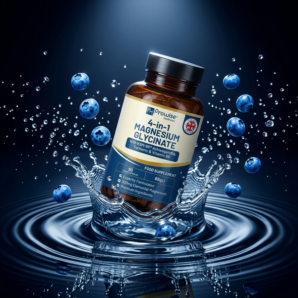 Nuvra bottle dropping into dark water with splash and blueberries frozen mid-air