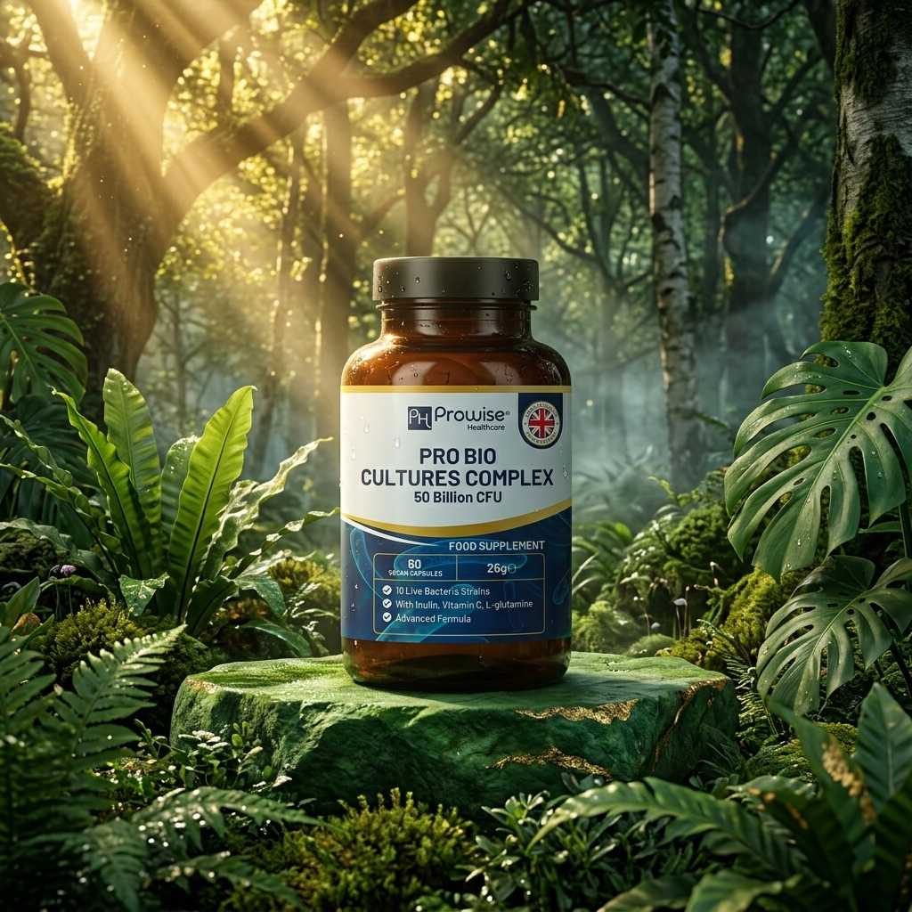 Nuvra Pro Bio Cultures Complex bottle on mossy emerald stone pedestal in lush British rainforest with golden sunbeams