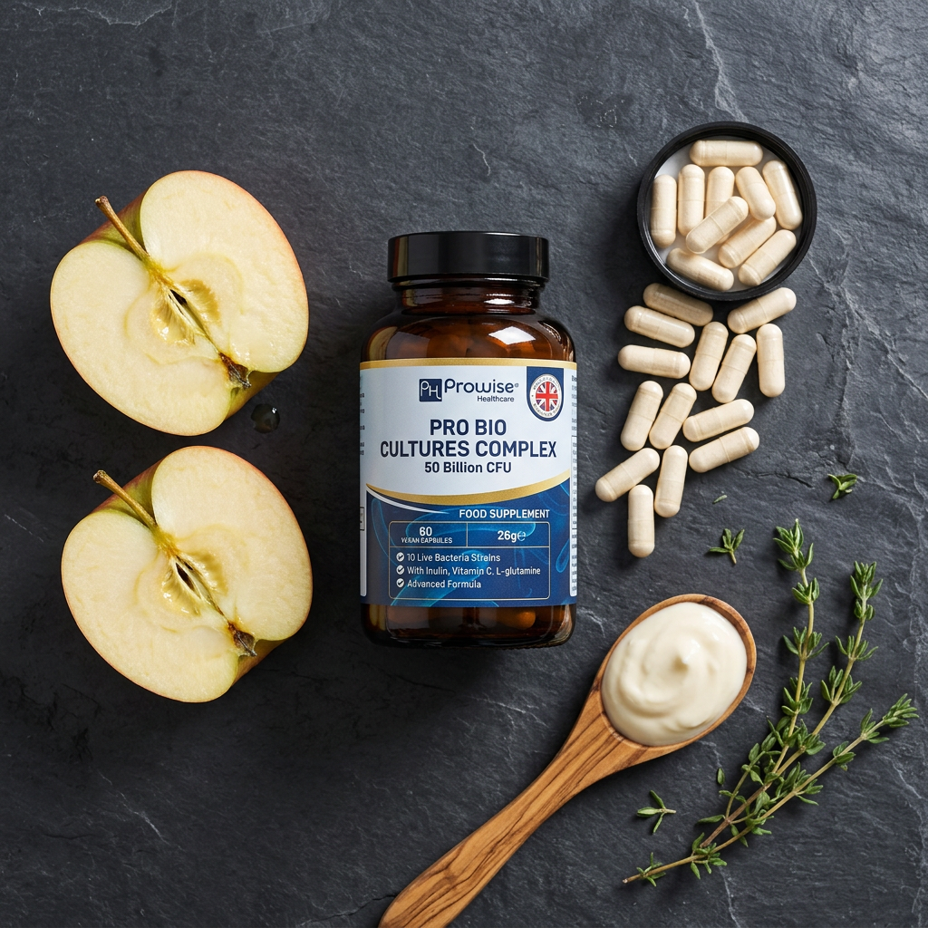 Nuvra Pro Bio Cultures Complex flat-lay on dark slate with vegan capsules, fresh apple, yogurt and thyme