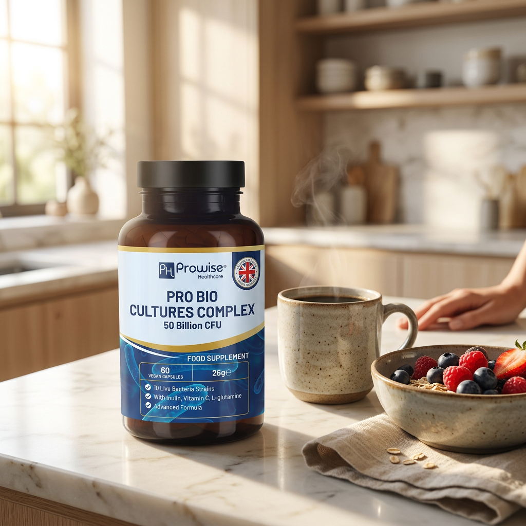 Nuvra Pro Bio Cultures Complex bottle on cream marble kitchen counter with morning coffee and fresh berries