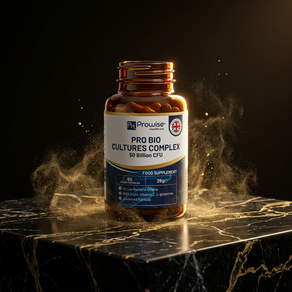 Nuvra Pro Bio Cultures Complex bottle on polished black marble with gold dust