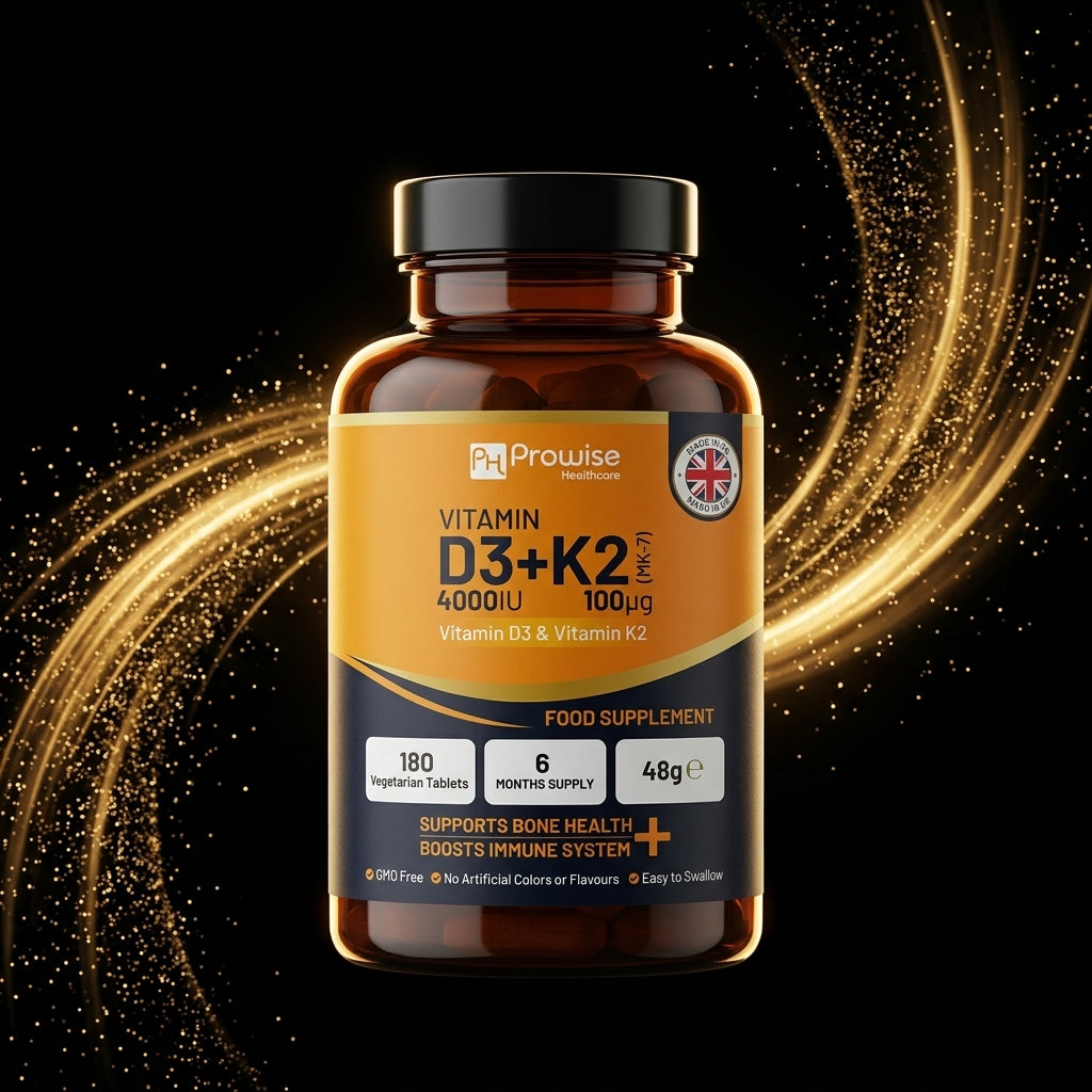 Nuvra Vitamin D3 4000IU + K2 MK-7 bottle with warm golden sunshine streaks on matte black background