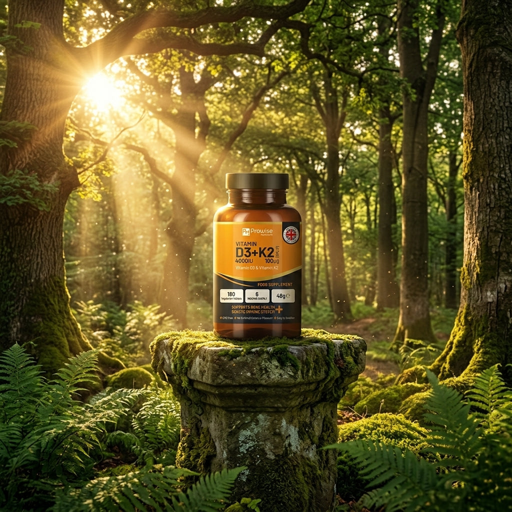 Nuvra Vitamin D3 + K2 bottle on mossy stone pedestal in sunlit British forest with golden sunbeams