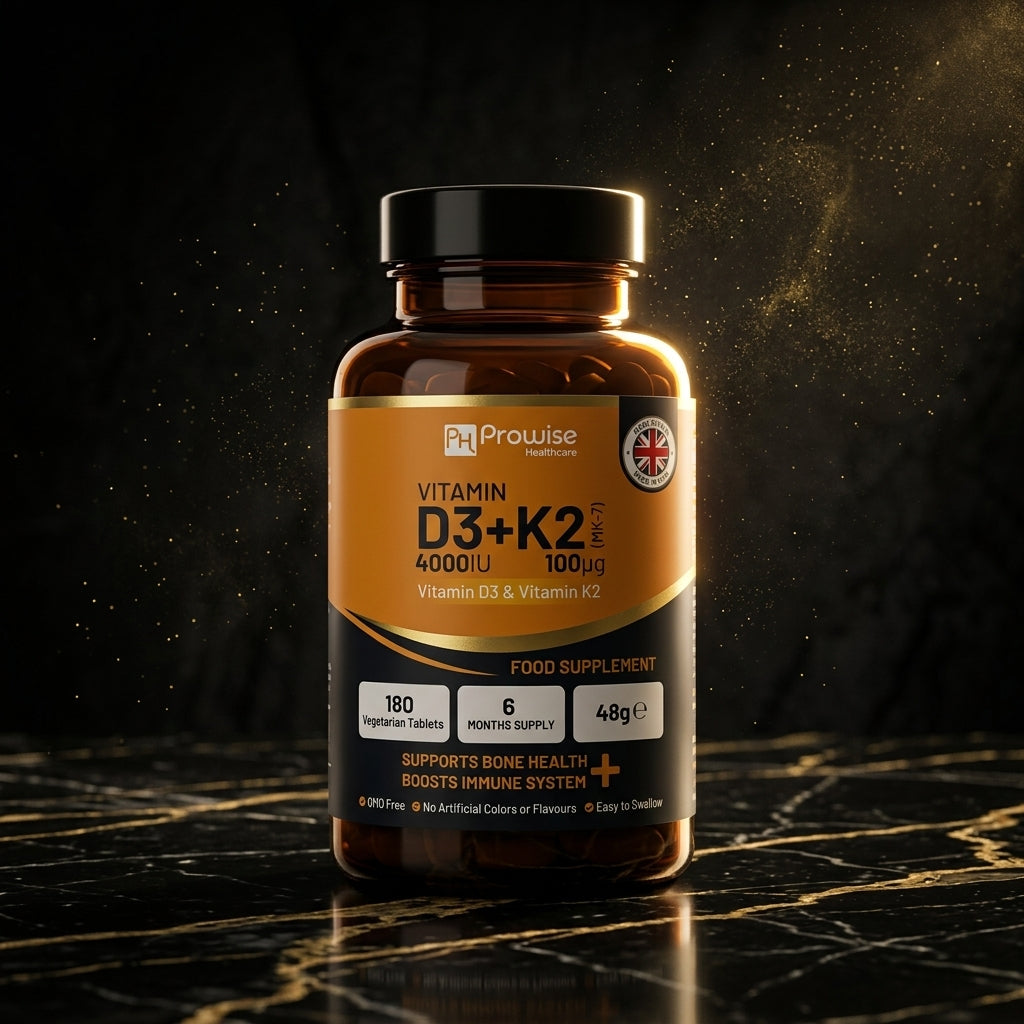 Nuvra Vitamin D3 + K2 bottle on polished black marble with gold dust luxury still life