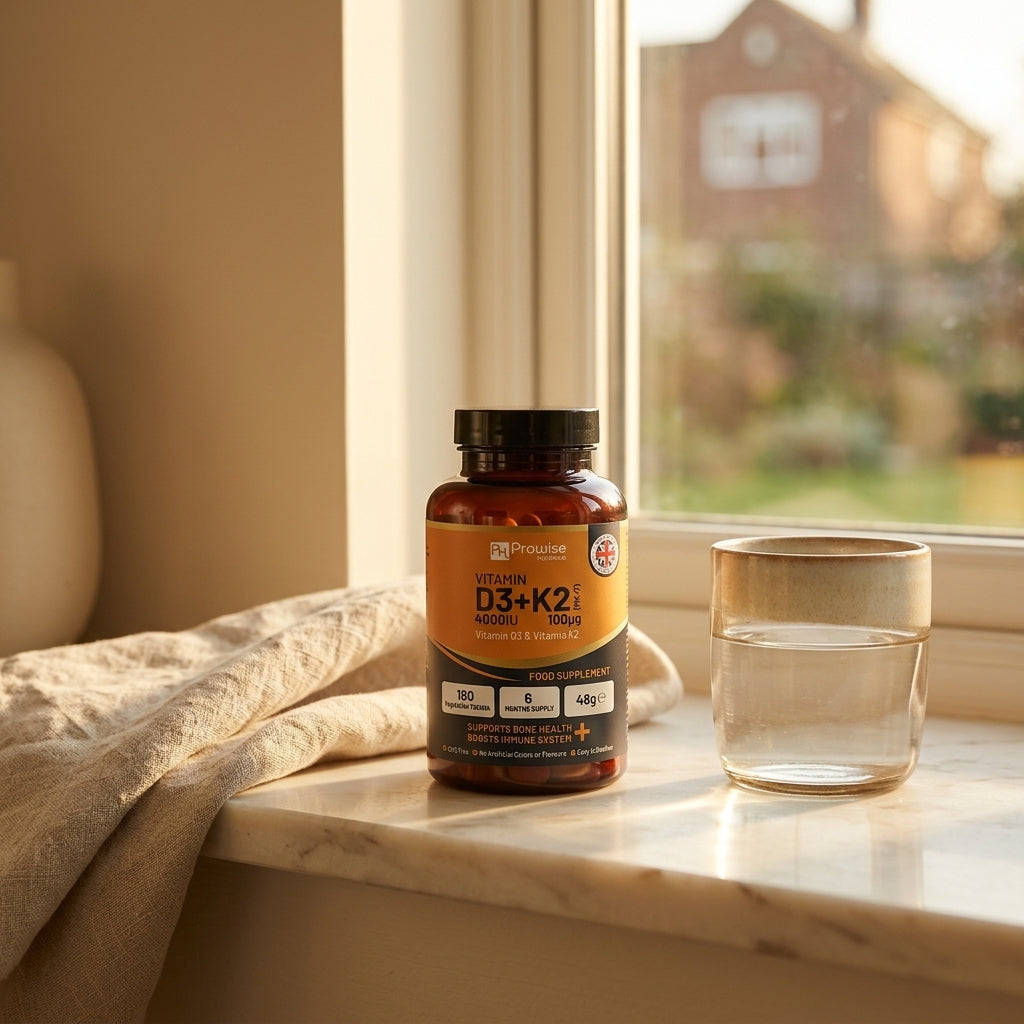 Nuvra Vitamin D3 + K2 bottle on cream marble windowsill bathed in warm British morning sunlight