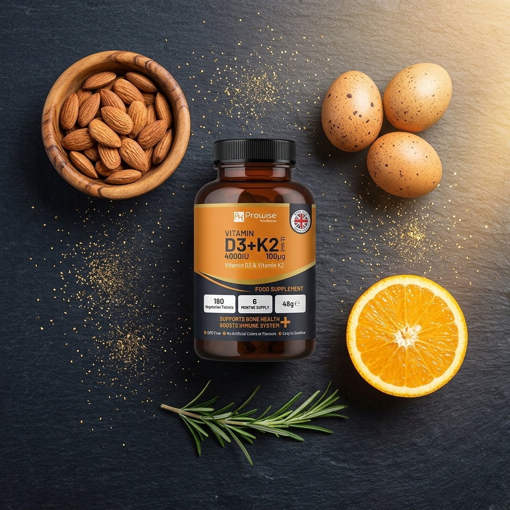 Nuvra Vitamin D3 + K2 flat-lay on dark slate with eggs, almonds, fresh orange and rosemary