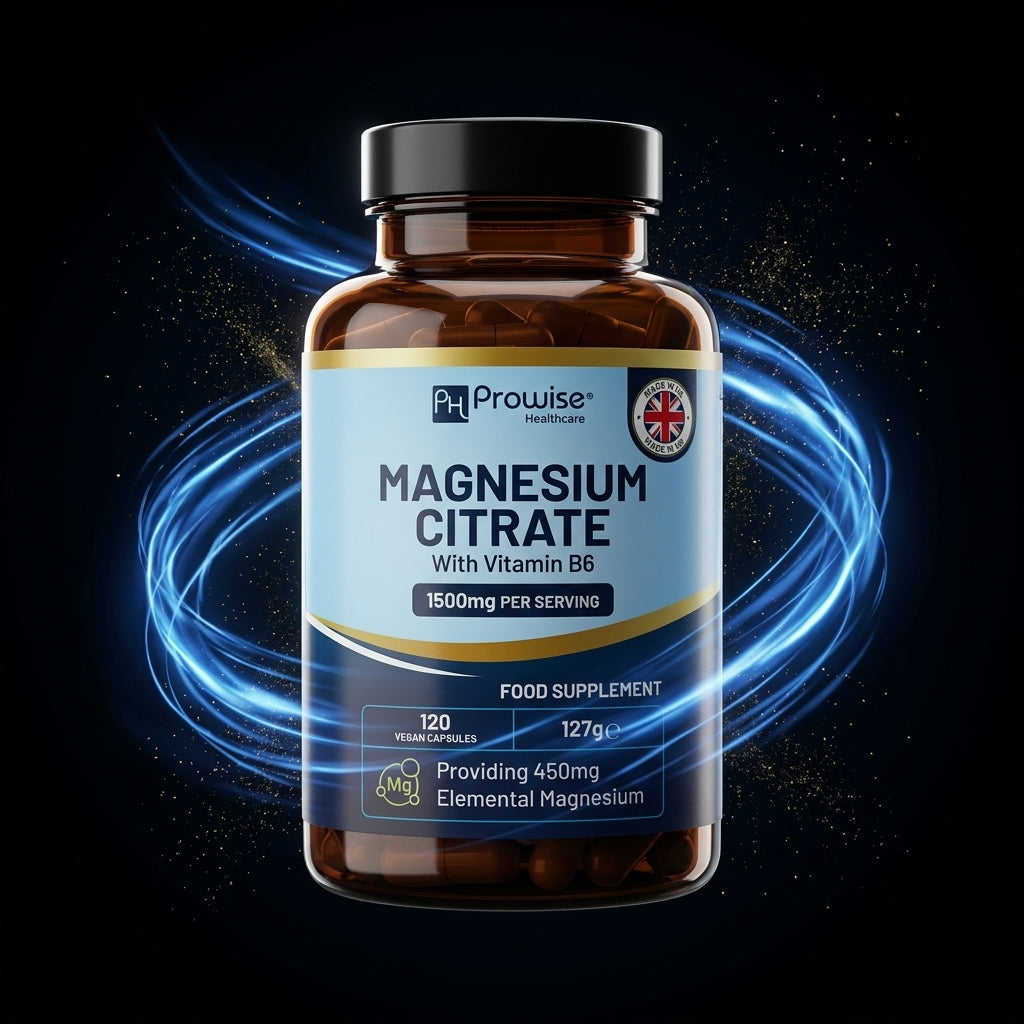 Nuvra Magnesium Citrate 1500mg + B6 bottle with cobalt blue energy streaks on matte black background