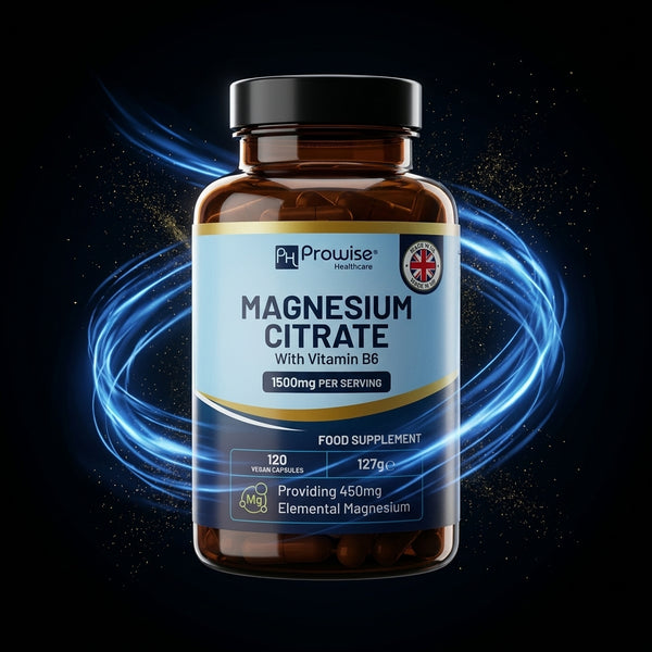 Nuvra Magnesium Citrate 1500mg + B6 bottle with cobalt blue energy streaks on matte black background