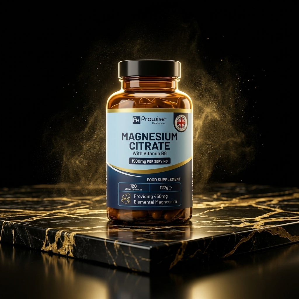 Nuvra Magnesium Citrate bottle on polished black marble with gold dust luxury still life