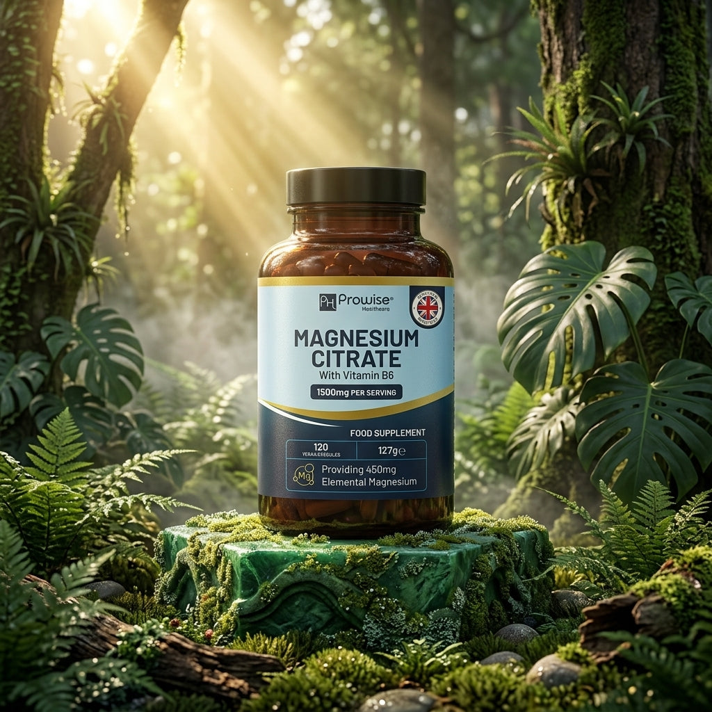 Nuvra Magnesium Citrate bottle on mossy emerald stone pedestal in lush British rainforest