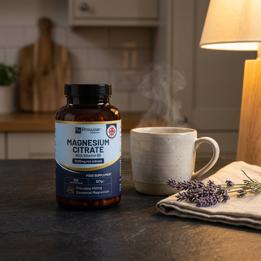 Nuvra Magnesium Citrate bottle on dark slate kitchen counter with steaming herbal tea and lavender
