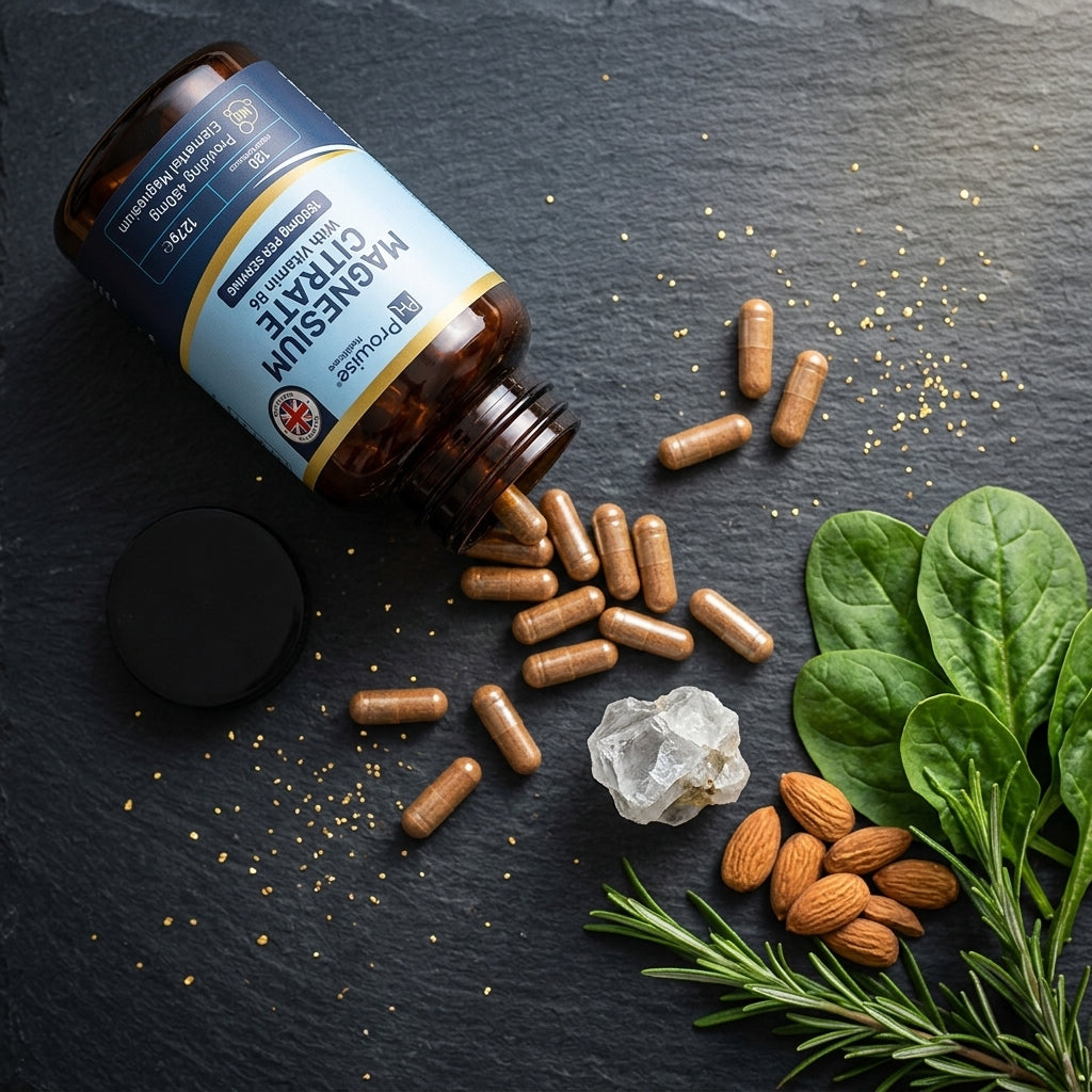 Nuvra Magnesium Citrate flat-lay on dark slate with capsules, mineral crystal, spinach and almonds
