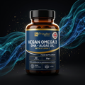Nuvra Vegan Omega-3 DHA from Algae bottle with teal cobalt energy streaks on matte black background