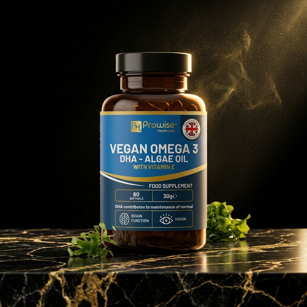 Nuvra Vegan Omega-3 bottle on polished black marble with gold dust luxury still life