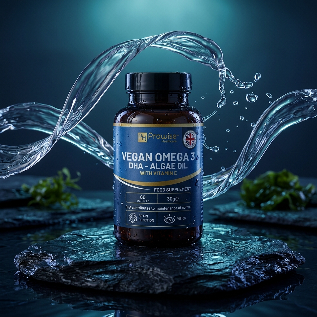 Nuvra Vegan Omega-3 bottle on wet slate with translucent water splash and teal cobalt lighting