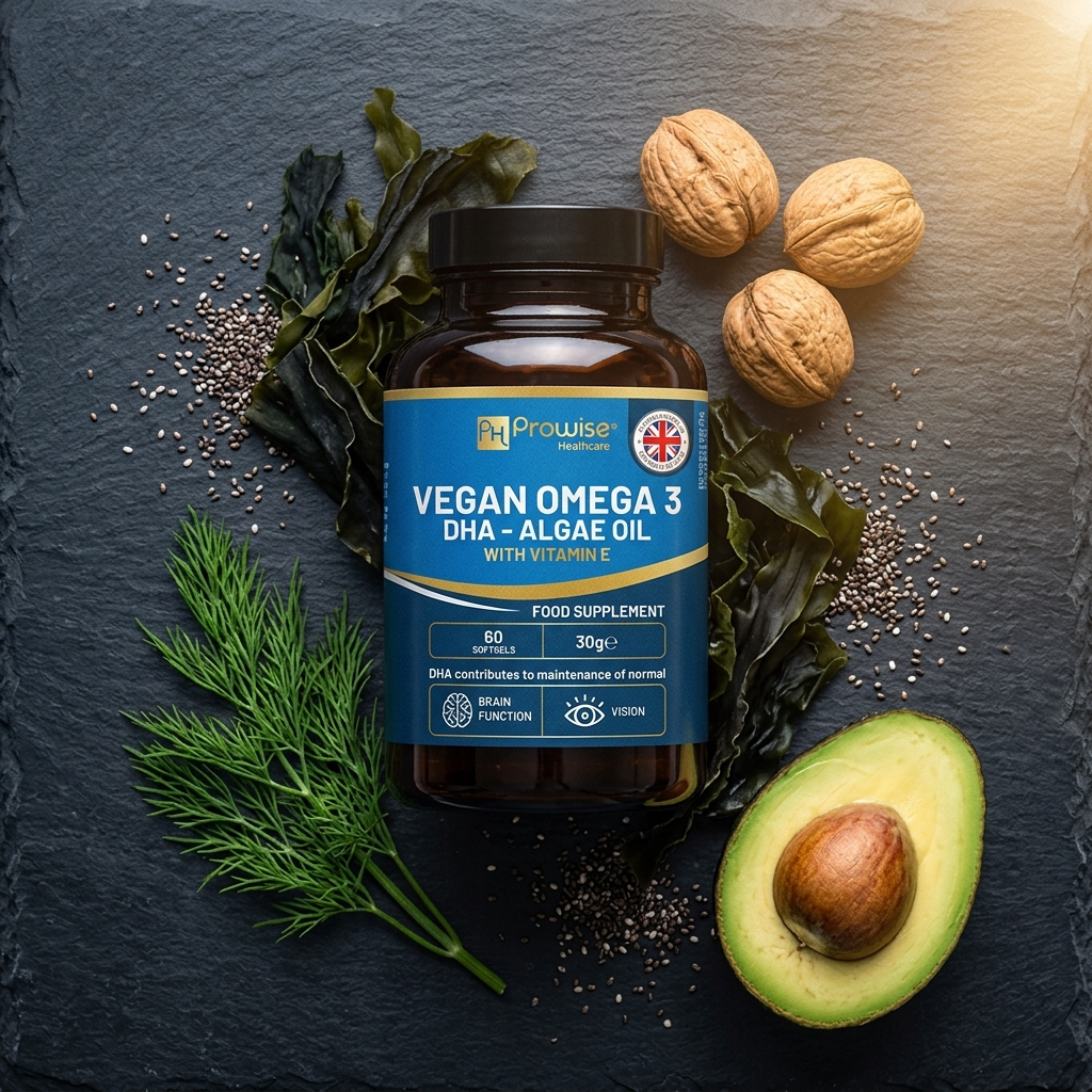 Nuvra Vegan Omega-3 flat-lay on dark slate with walnuts, dill, seaweed, chia seeds and avocado