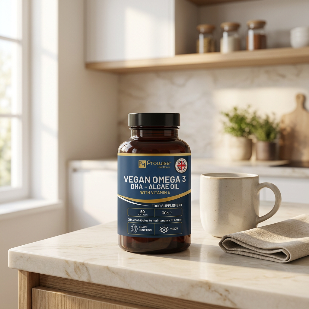 Nuvra Vegan Omega-3 bottle on cream marble kitchen counter with morning coffee and linen napkin