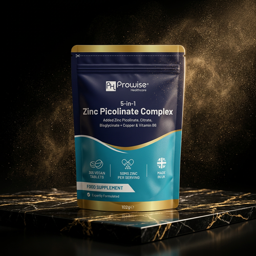 Nuvra Zinc Picolinate pouch on polished black marble with gold dust luxury still life