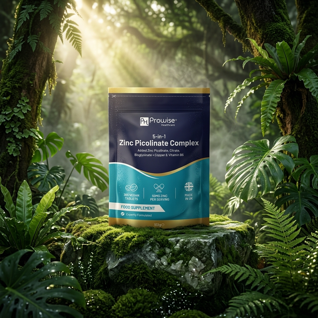 Nuvra Zinc Picolinate pouch on mossy emerald stone pedestal in British rainforest with golden sunbeams