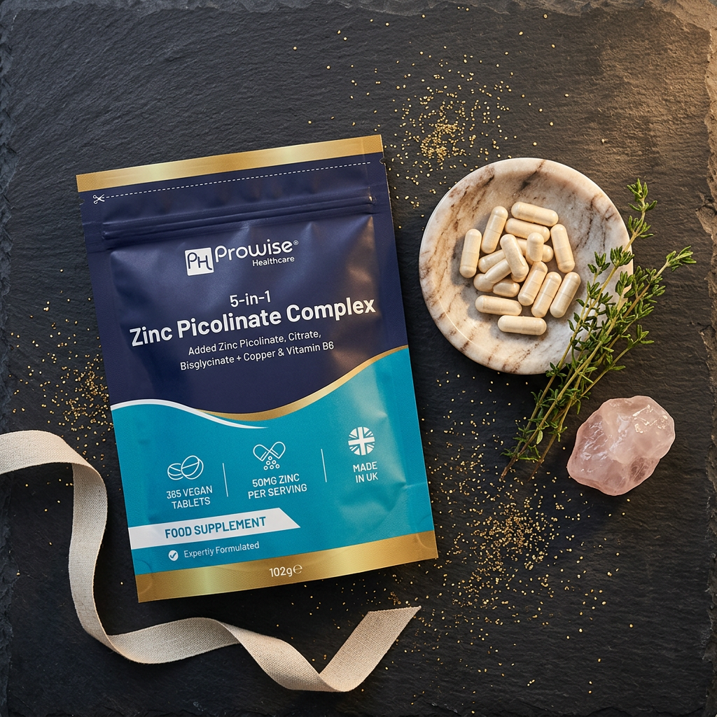 Nuvra Zinc Picolinate flat-lay on dark slate with capsules, thyme, rose quartz and linen