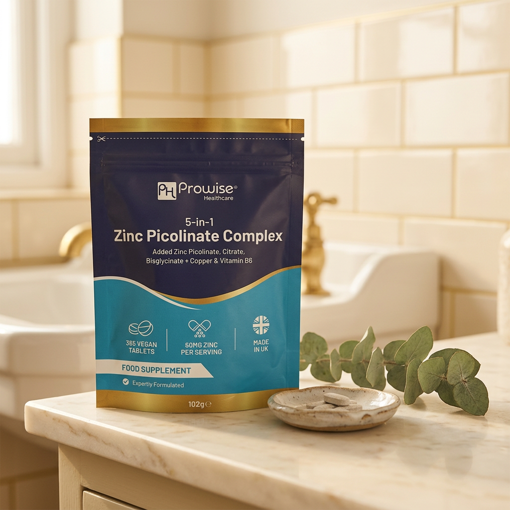 Nuvra Zinc Picolinate pouch on cream marble bathroom shelf with eucalyptus and morning light