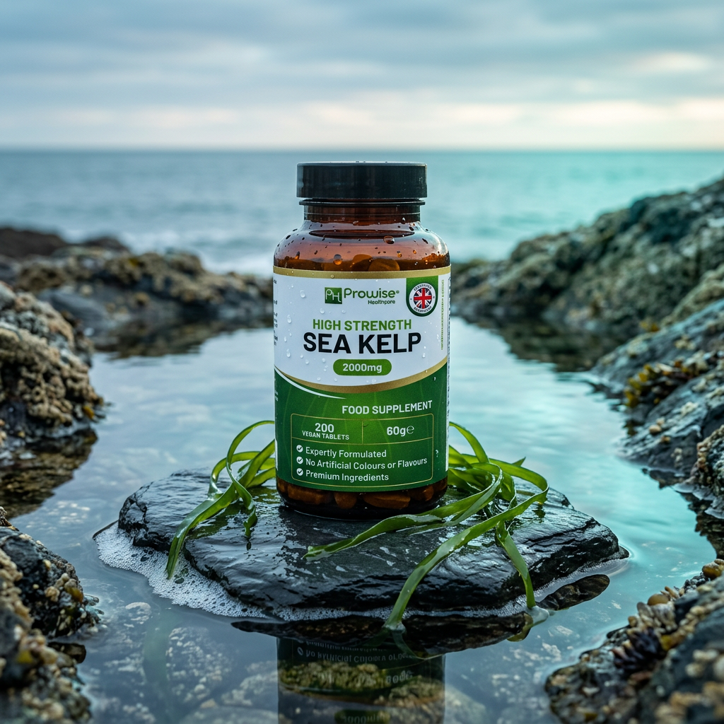 Nuvra Sea Kelp bottle on wet slate rock at coastal sea pool with fresh emerald kelp strands