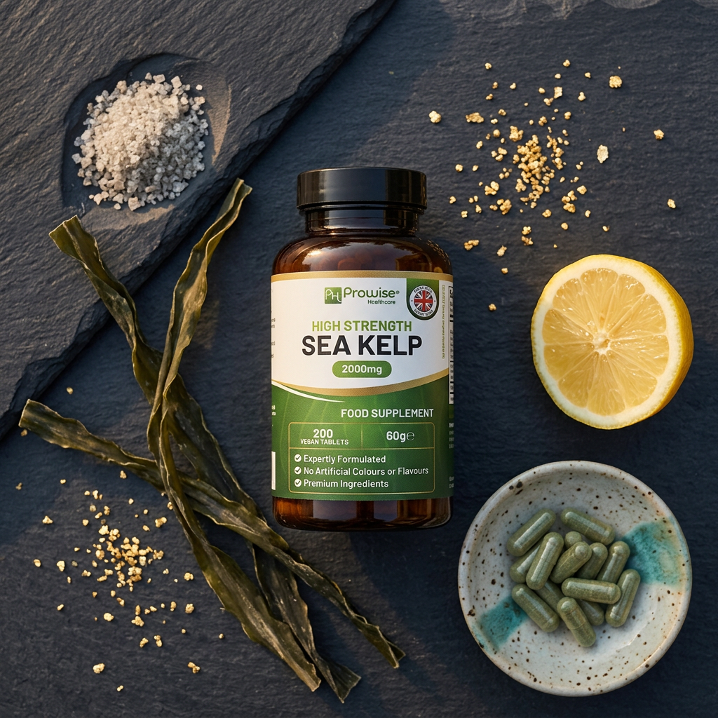 Nuvra Sea Kelp flat-lay on dark slate with dried kelp, sea salt, lemon and capsules