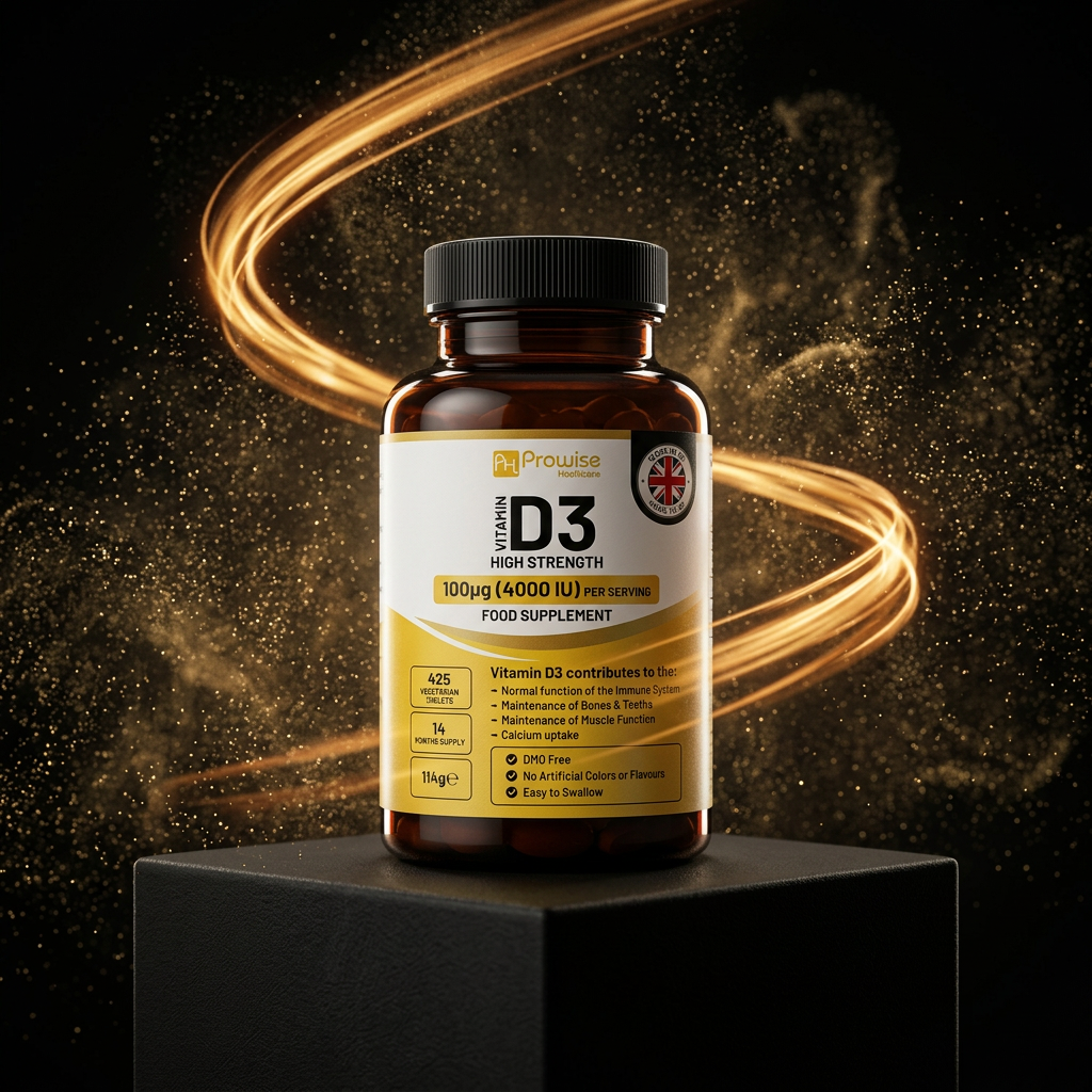Nuvra Vitamin D3 4000IU bottle with warm golden sunshine energy streaks on matte black background