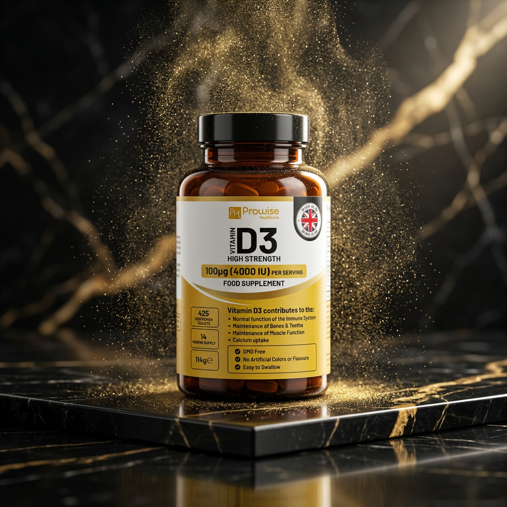 Nuvra Vitamin D3 4000IU bottle on polished black marble with gold dust luxury still life