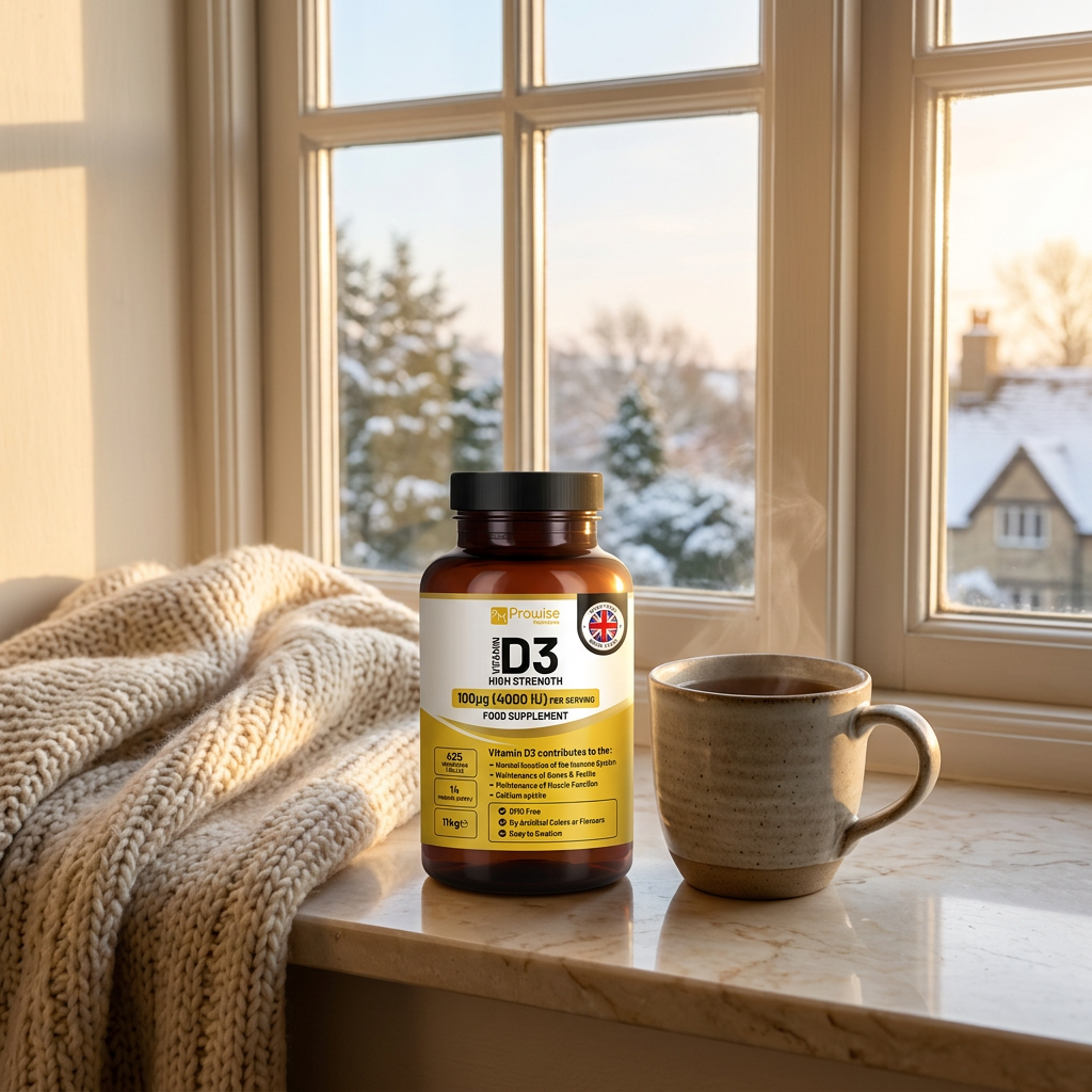 Nuvra Vitamin D3 4000IU bottle on cream marble cottage windowsill with wool blanket and tea