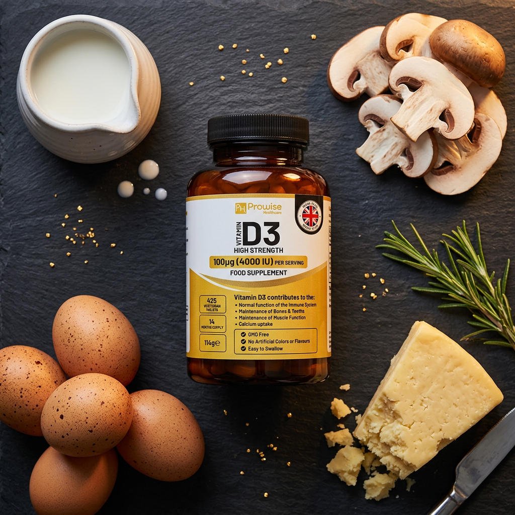 Nuvra Vitamin D3 4000IU flat-lay on dark slate with eggs cheese milk mushrooms and rosemary