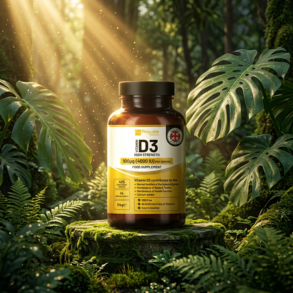Nuvra Vitamin D3 4000IU bottle on mossy emerald stone pedestal in British rainforest with golden sunbeams