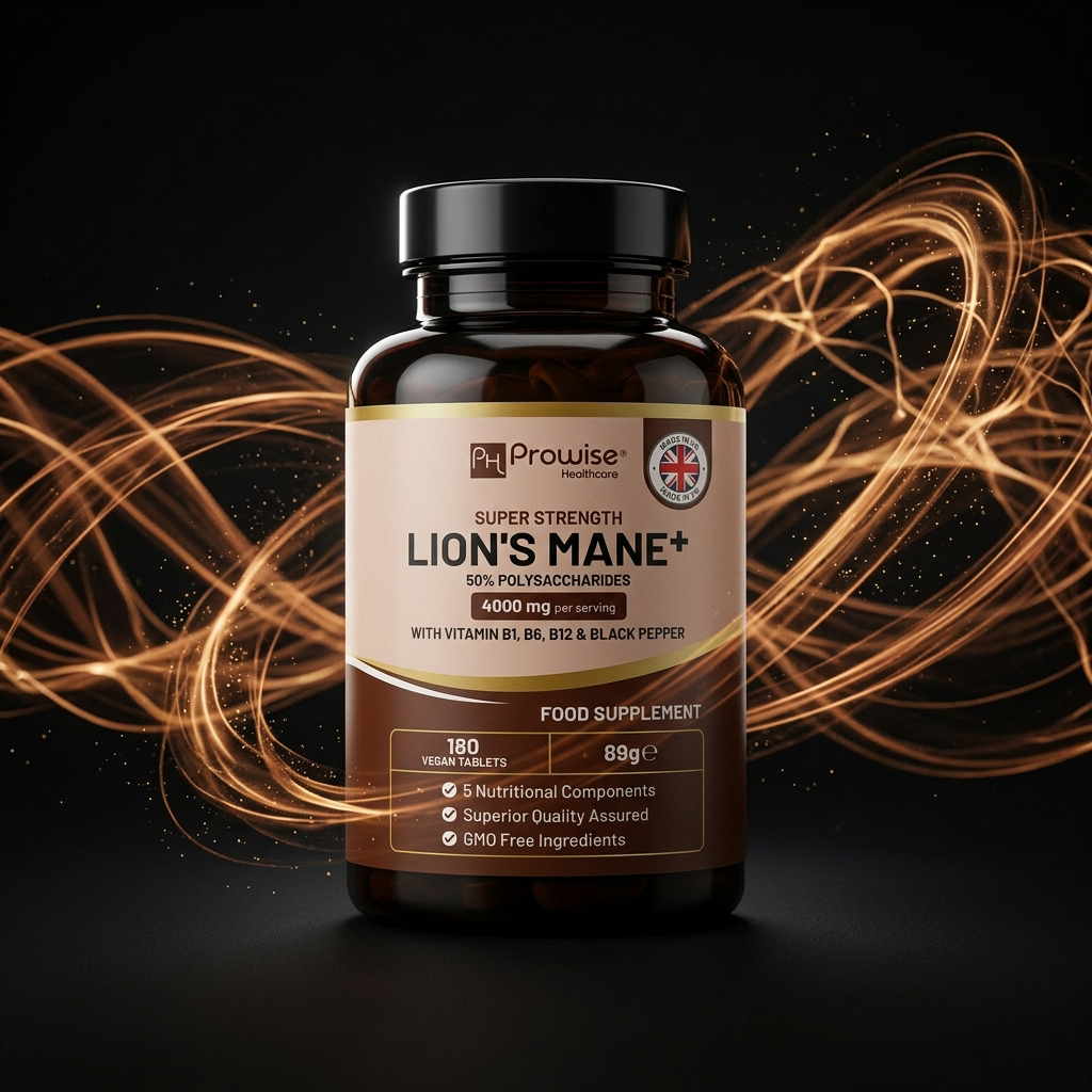 Nuvra Lion's Mane 4000mg bottle with amber bronze mycelium energy streaks on matte black background