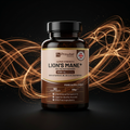 Nuvra Lion's Mane 4000mg bottle with amber bronze mycelium energy streaks on matte black background