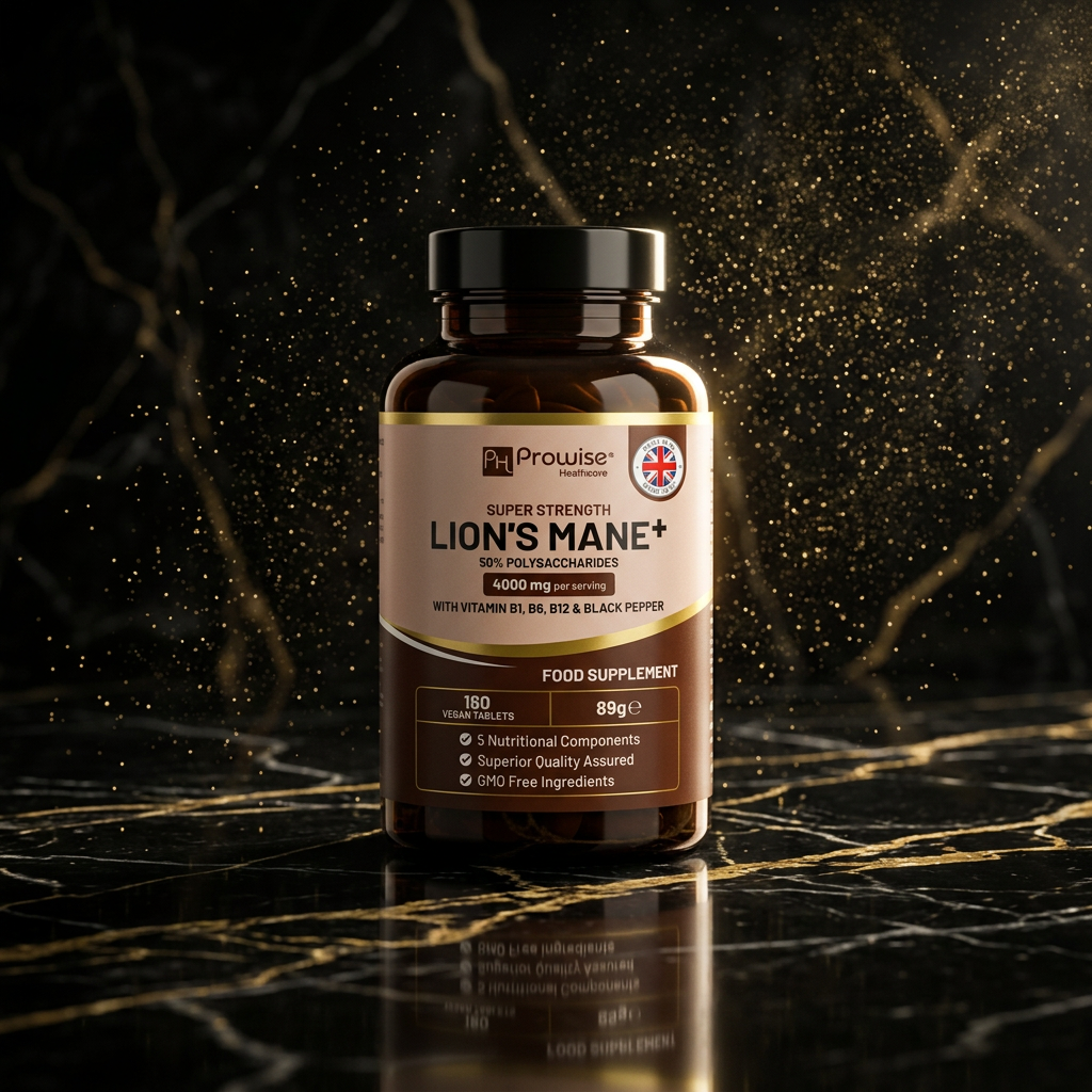 Nuvra Lion's Mane bottle on polished black marble with gold dust luxury still life