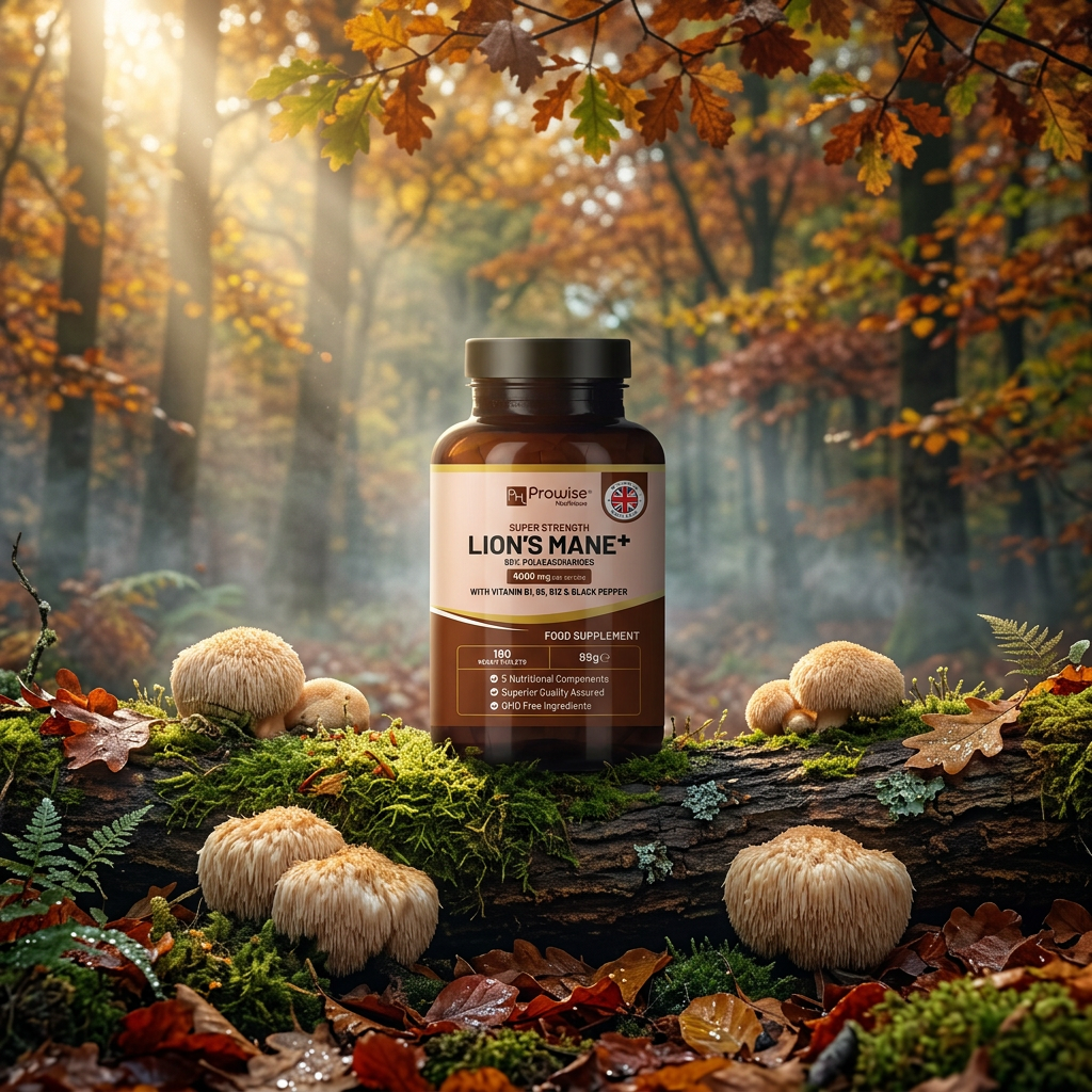 Nuvra Lion's Mane bottle on fallen mossy log in autumn British forest with real lion's mane mushrooms