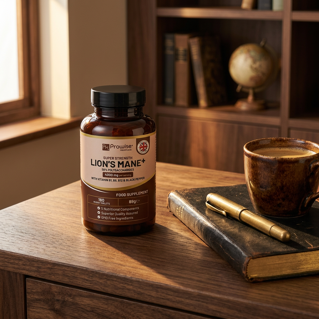 Nuvra Lion's Mane bottle on dark walnut study desk with leather notebook, brass pen and espresso