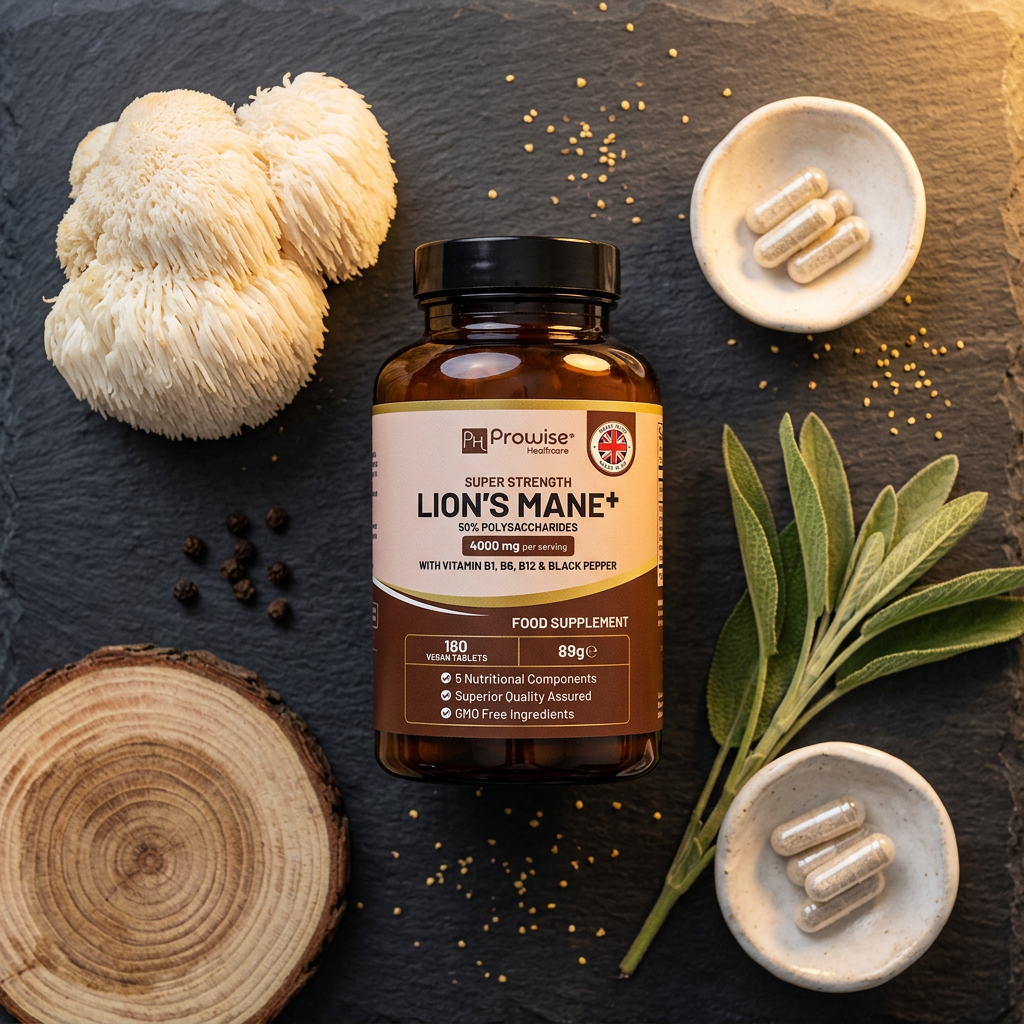 Nuvra Lion's Mane flat-lay on dark slate with mushroom cluster, peppercorns, sage and capsules