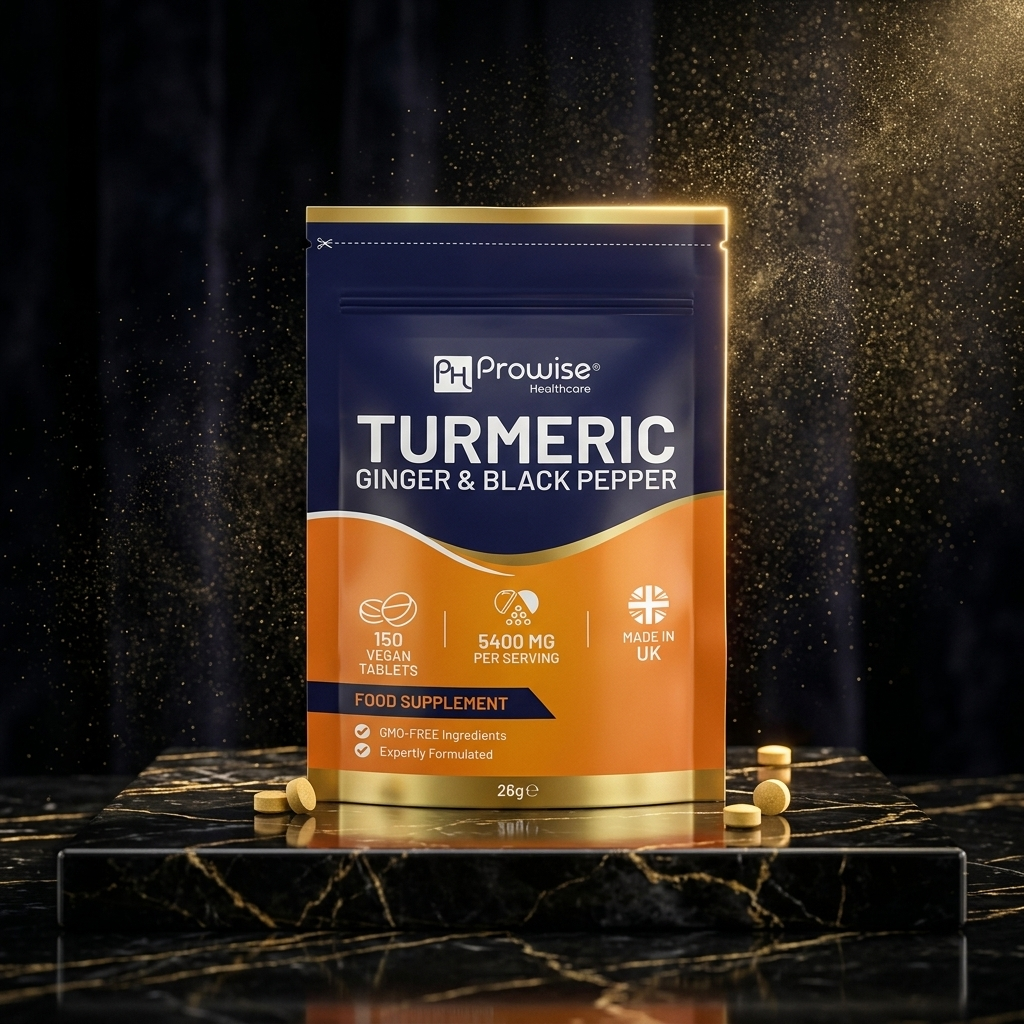 Nuvra Turmeric pouch on polished black marble with gold dust luxury still life