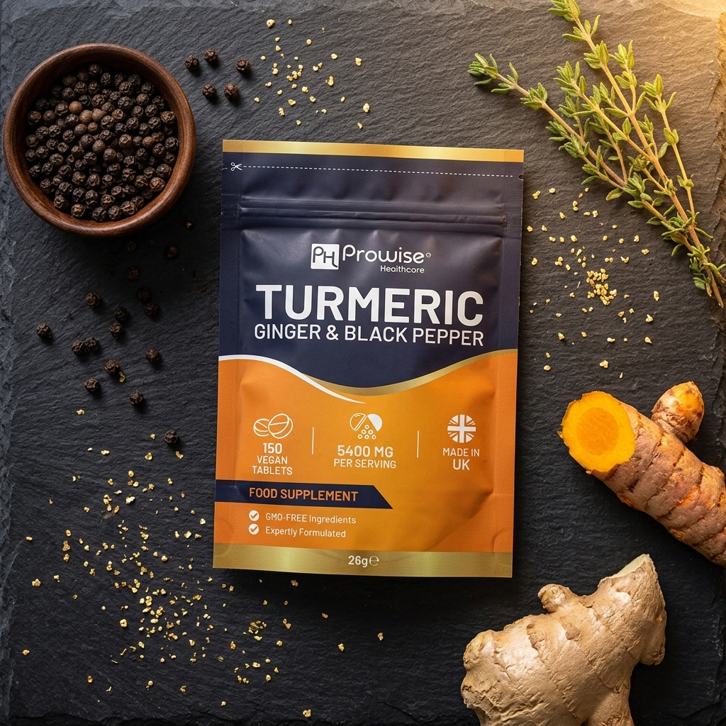 Nuvra Turmeric flat-lay on dark slate with fresh turmeric root, ginger, peppercorns and thyme