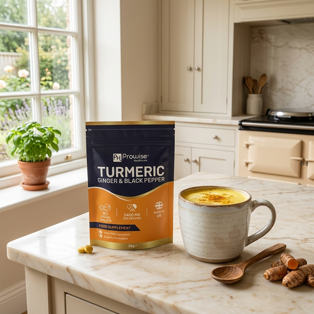 Nuvra Turmeric pouch on cream marble kitchen counter with golden turmeric latte