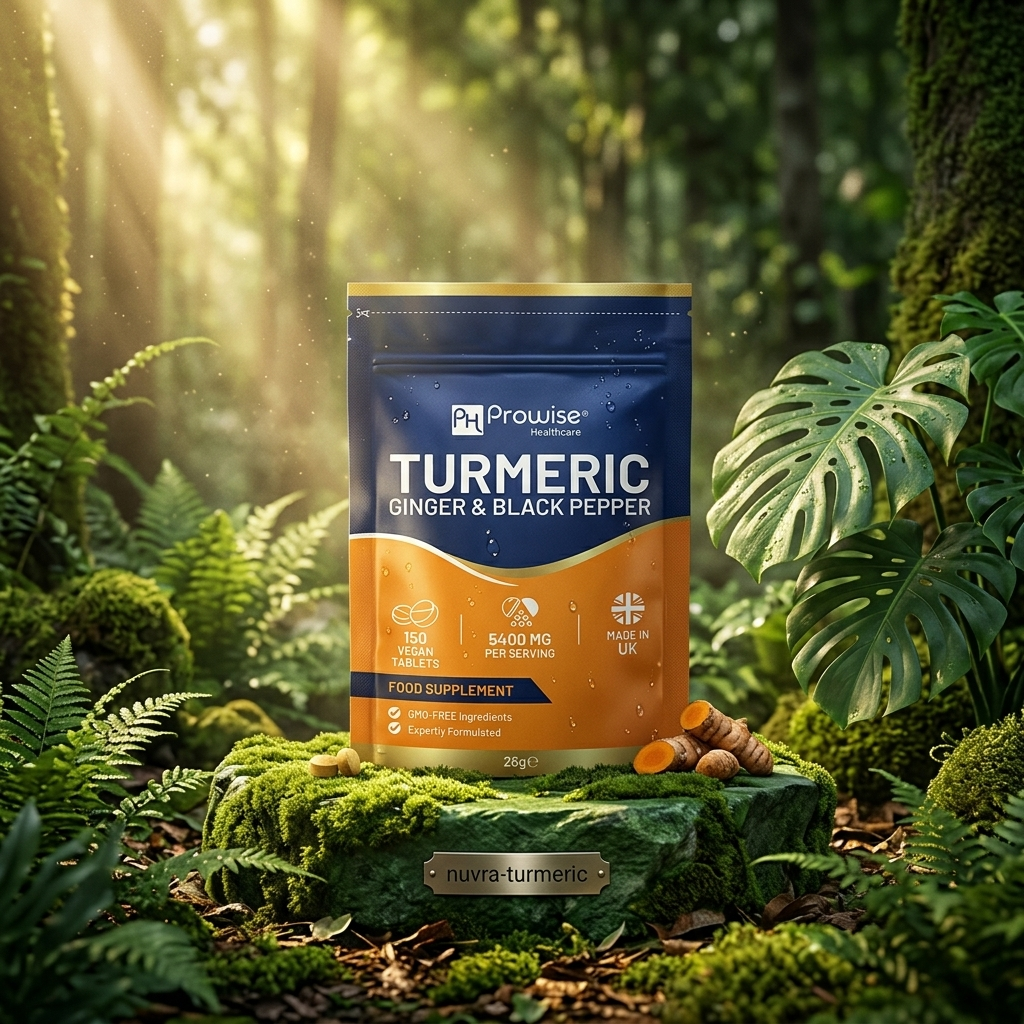 Nuvra Turmeric pouch on mossy emerald stone pedestal in British rainforest with golden sunbeams