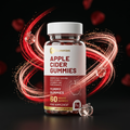 Nuvra Apple Cider Vinegar Gummies bottle with vibrant red and rose-gold energy streaks on matte black background