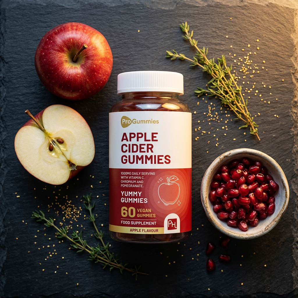 Nuvra ACV Gummies flat-lay on dark slate with fresh red apples, pomegranate seeds and thyme