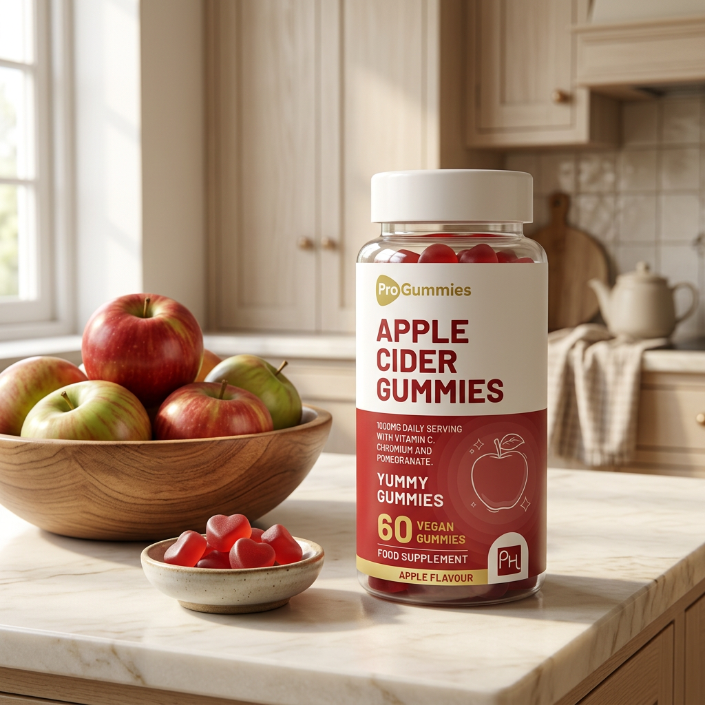 Nuvra ACV Gummies bottle on cream marble kitchen counter with bowl of red apples and ceramic dish of gummies