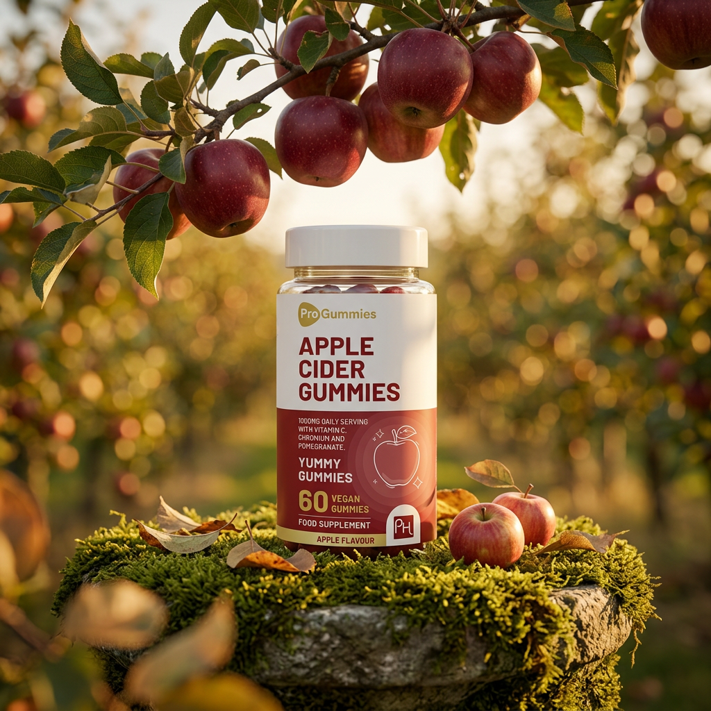 Nuvra ACV Gummies bottle on mossy stone pedestal under British apple orchard tree with red apples